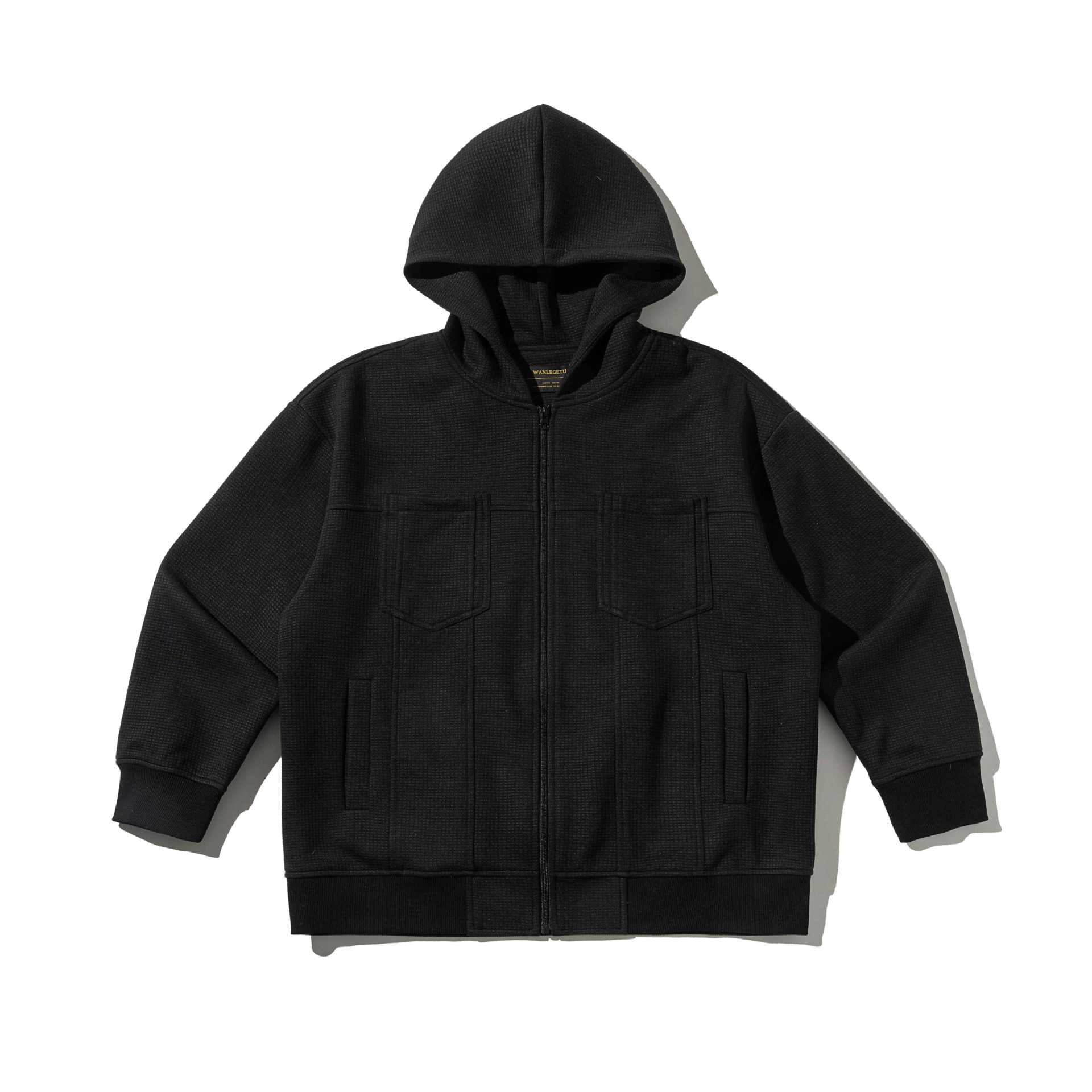 Unisex Textured Hooded Zip Jacket with Waffle Structure and Front Pockets Chichicherry