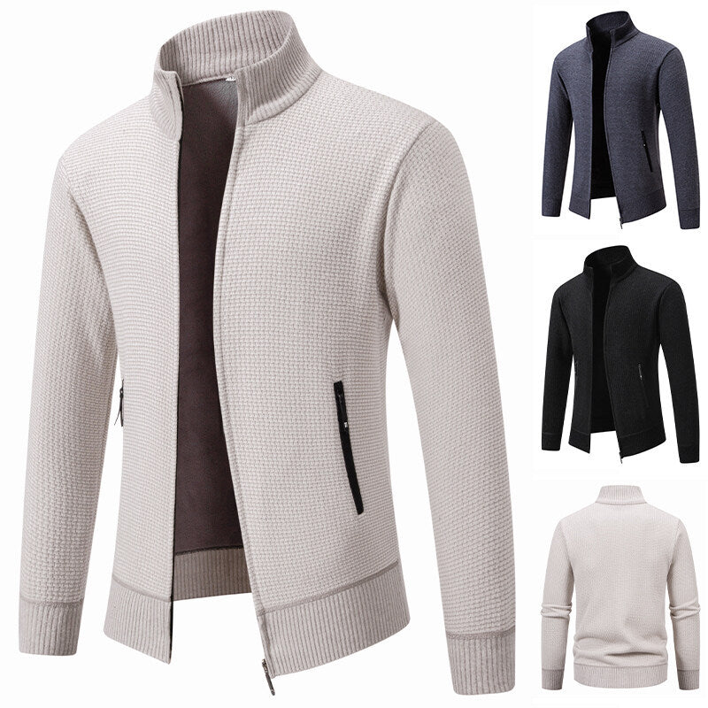 Men's Textured Zip Knit Cardigan with Stand Collar, Waffle Texture and Zipper Pockets Chichicherry