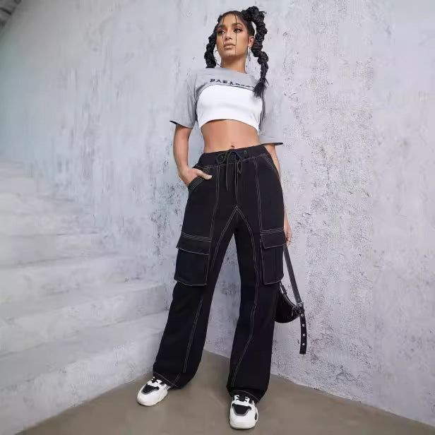 Women’s utilitarian denim cargo pants with contrast stitching and drawstring Chichicherry