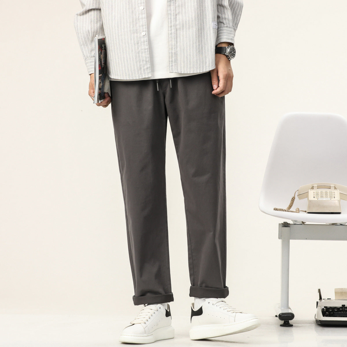 Men's Lightweight Cotton Blend Pants with Elastic Cord Waistband and Straight Leg Chichicherry