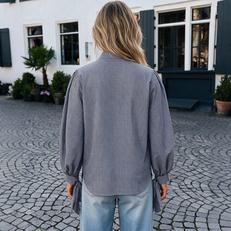Women loose-fitting Vichy check blouse with stand-up collar, button placket, and tie cuffs