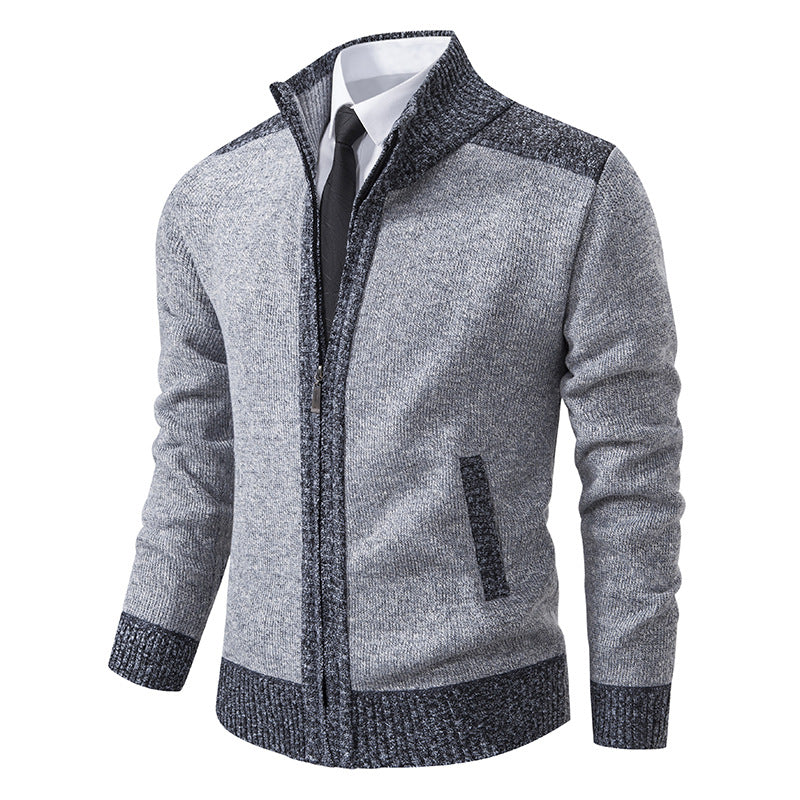 Men's cardigan with zipper, stand-up collar and contrast-trimmed shoulders Chichicherry