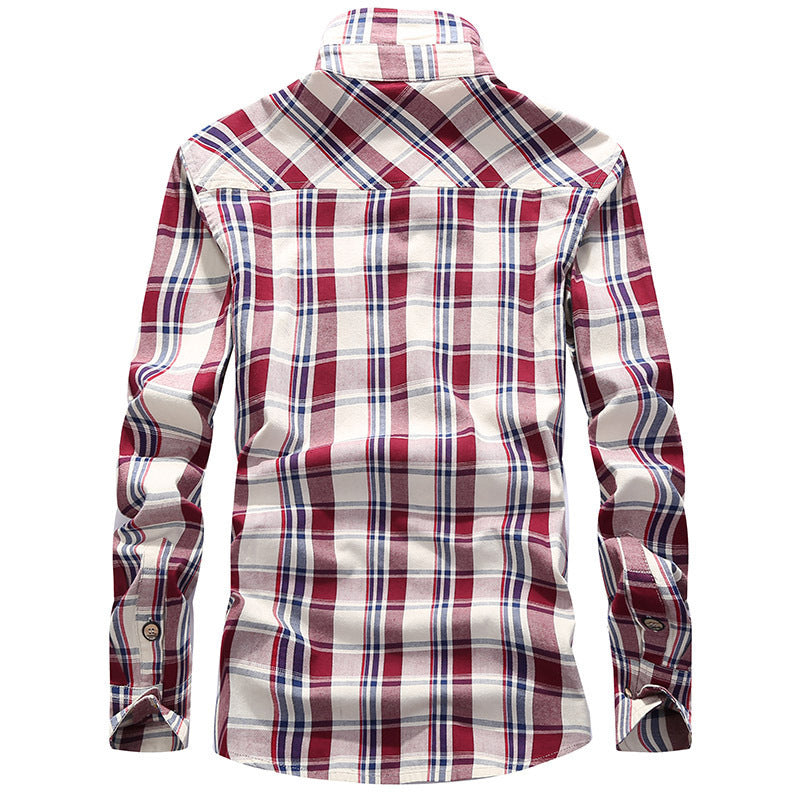 Men's Checked Cotton Flannel Shirt Jacket with Chest Flap Pockets and Shirt Collar Chichicherry