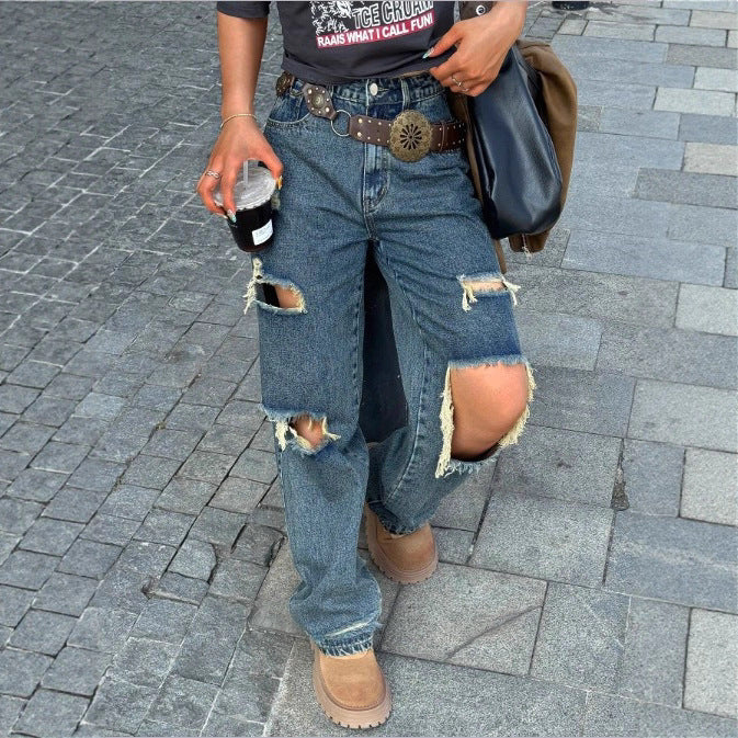 Women's Wide Vintage Ripped Jeans with High Waist, Large Knee Rips and Relaxed Straight Leg Chichicherry