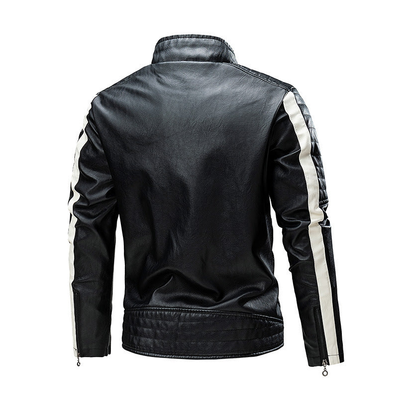 Men's biker leather jacket in colorblock design with padded shoulder section and stand-up collar Chichicherry