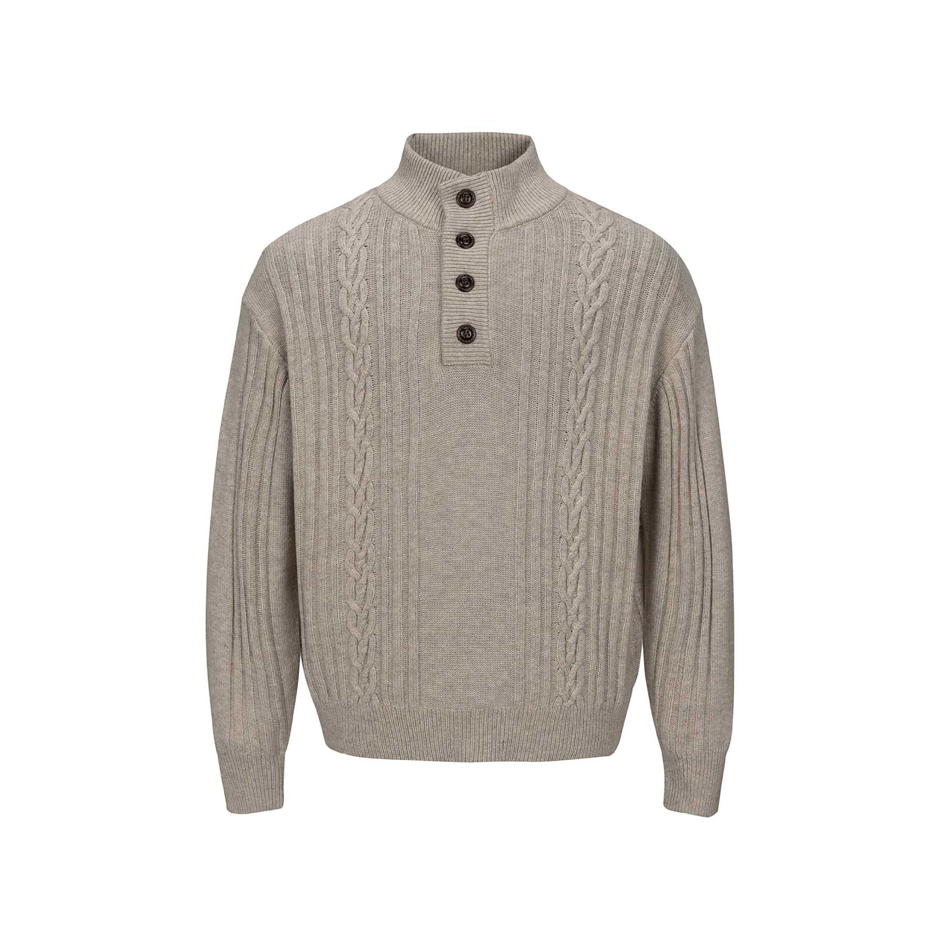 Men's Coarse Structured Knit Sweater with Stand-up Collar and Button Placket Chichicherry