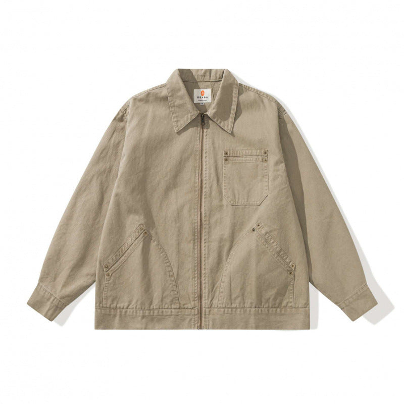 Unisex Boxy Canvas Worker Jacket with Front Zip and Stud Applications Chichicherry