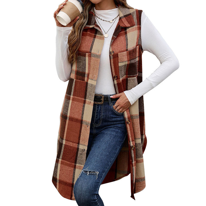 Women's Sleeveless Checked Long Vest with Shirt Collar and Button Placket Chichicherry