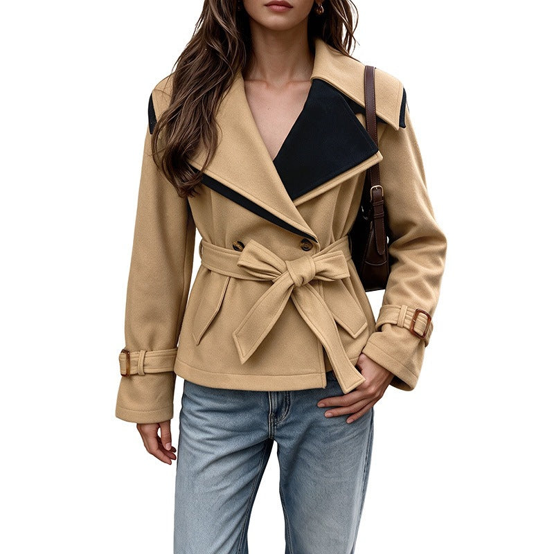 Women's short-cut wool blend coat with wide lapel collar, tie belt, and buckle cuffs Chichicherry