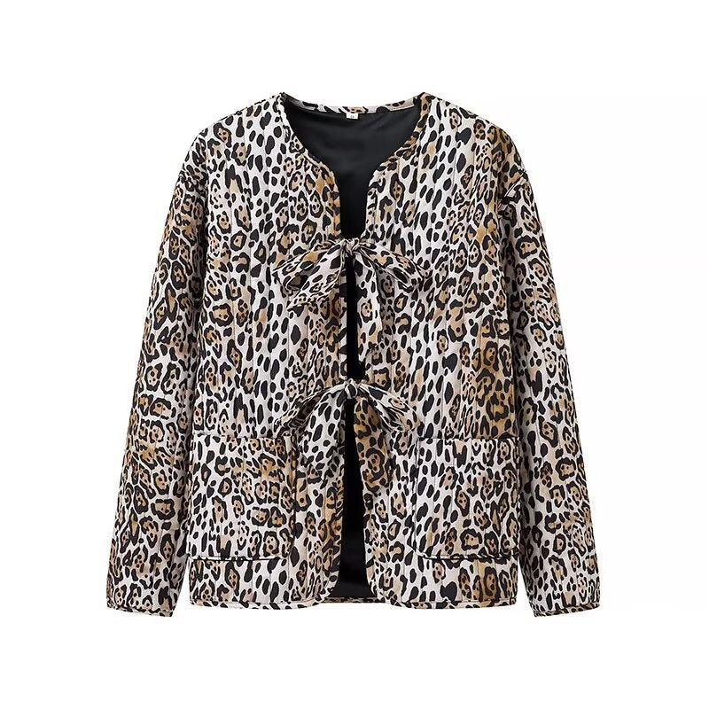 Women's Lightweight Blouson Jacket in Leopard Print with Ties and Patch Pockets Chichicherry