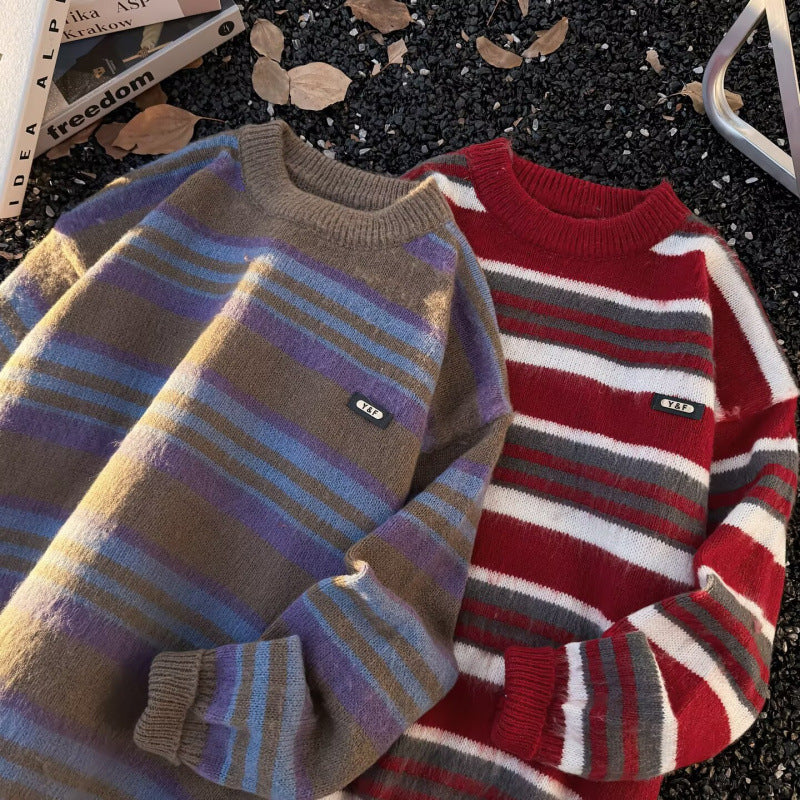 Unisex Gestreifter Oversize-Mohair‑Optik Pullover mit Rundhals und weicher Struktur Chichicherry