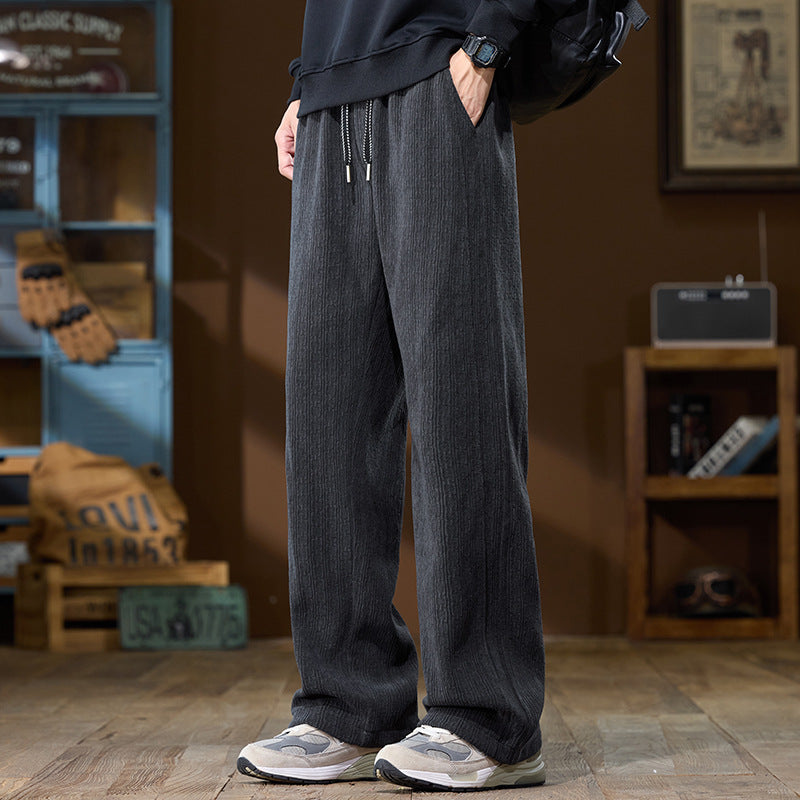 Men's Wide-Cut Lounge Pants made of Ribbed Structured Fabric with Elastic Waistband and Drawstring Chichicherry