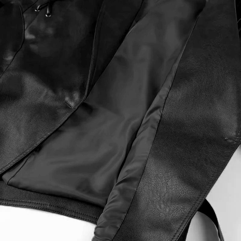 Women Tailored Faux Leather Blazer with Wrap Belt and Lacing on the Shoulders Chichicherry