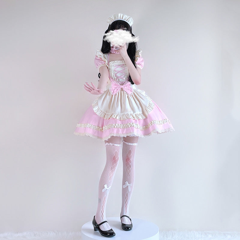 Ladies playful maid dress with ruffle details and satin accents Chichicherry