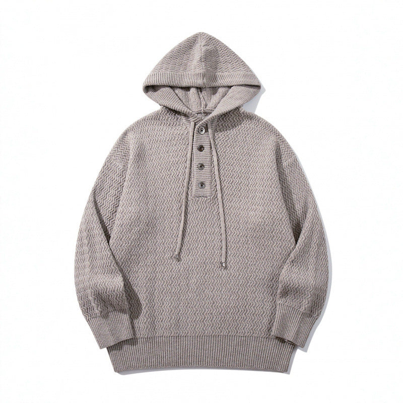 Unisex structured knit hoodie with half placket and drawstring hood Chichicherry