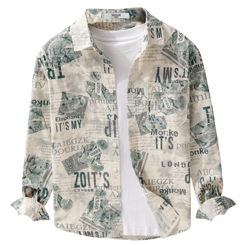 Men's overshirt made of cotton-linen with typographic newspaper print and relaxed fit Chichicherry
