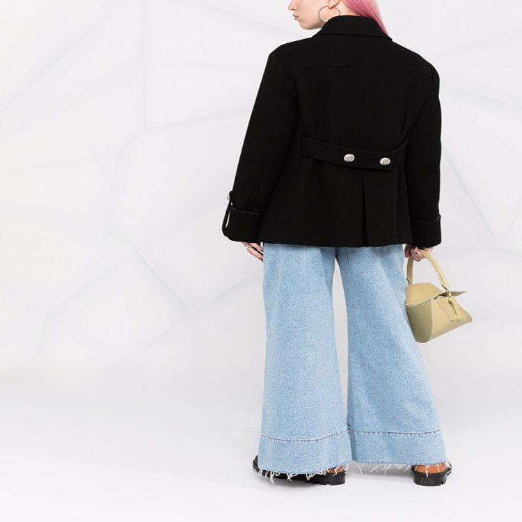 Women's Short Boxy Wool Blend Coat in Military Look with Decorative Round Buttons Chichicherry