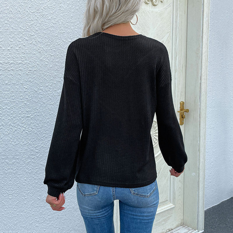 Ladies Waffle Knit Long Sleeve with Lace Yoke and V Insert Chichicherry