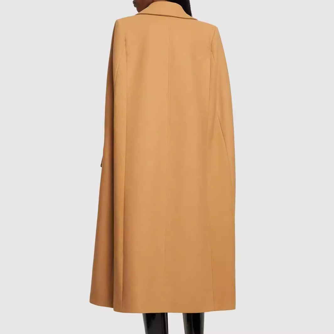 Women Cape-inspired Maxi long coat made of wool blend with narrow lapel Chichicherry