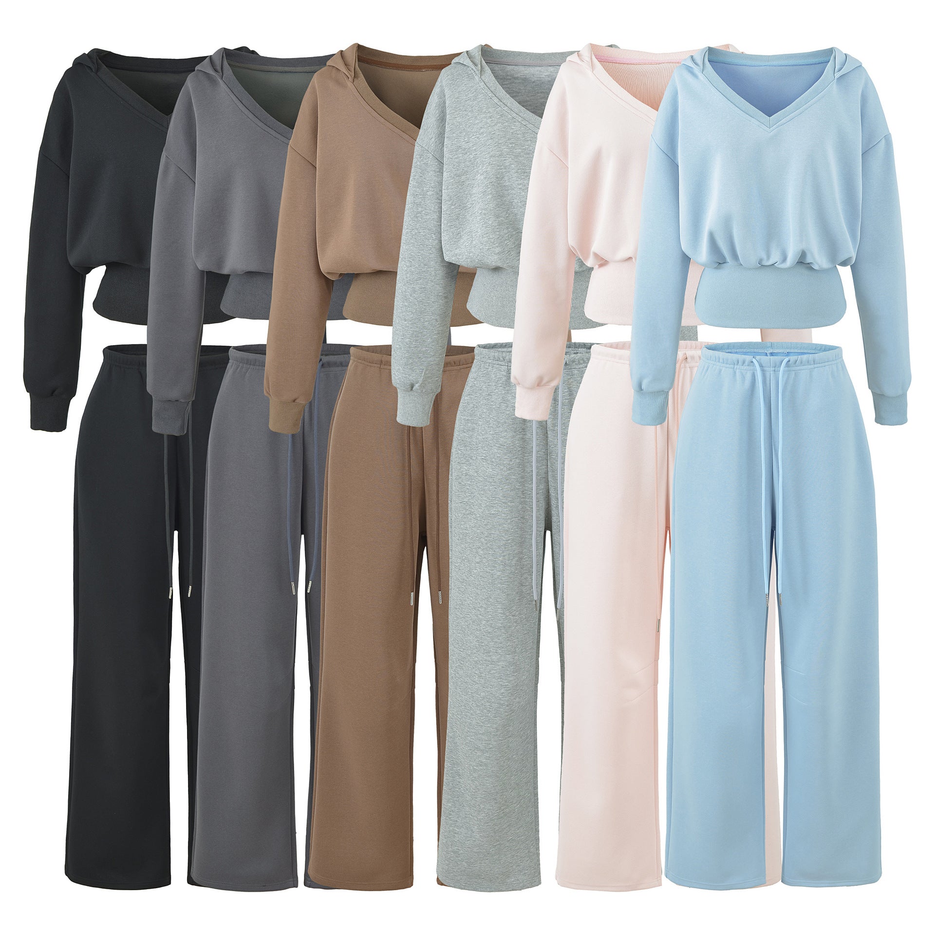 Women's Comfort Lounge Set with Short V Hooded Sweatshirt and High-Cut Wide-Leg Joggers Chichicherry