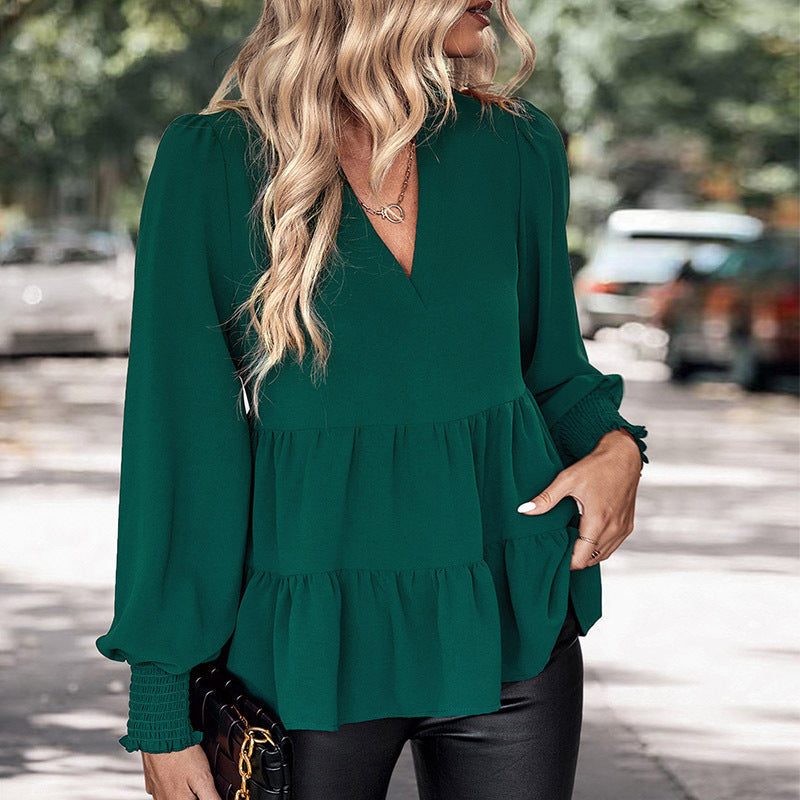 Women's Two-Tier Ruffle Blouse with V-Neck and Gathered Cuff Sleeves Chichicherry