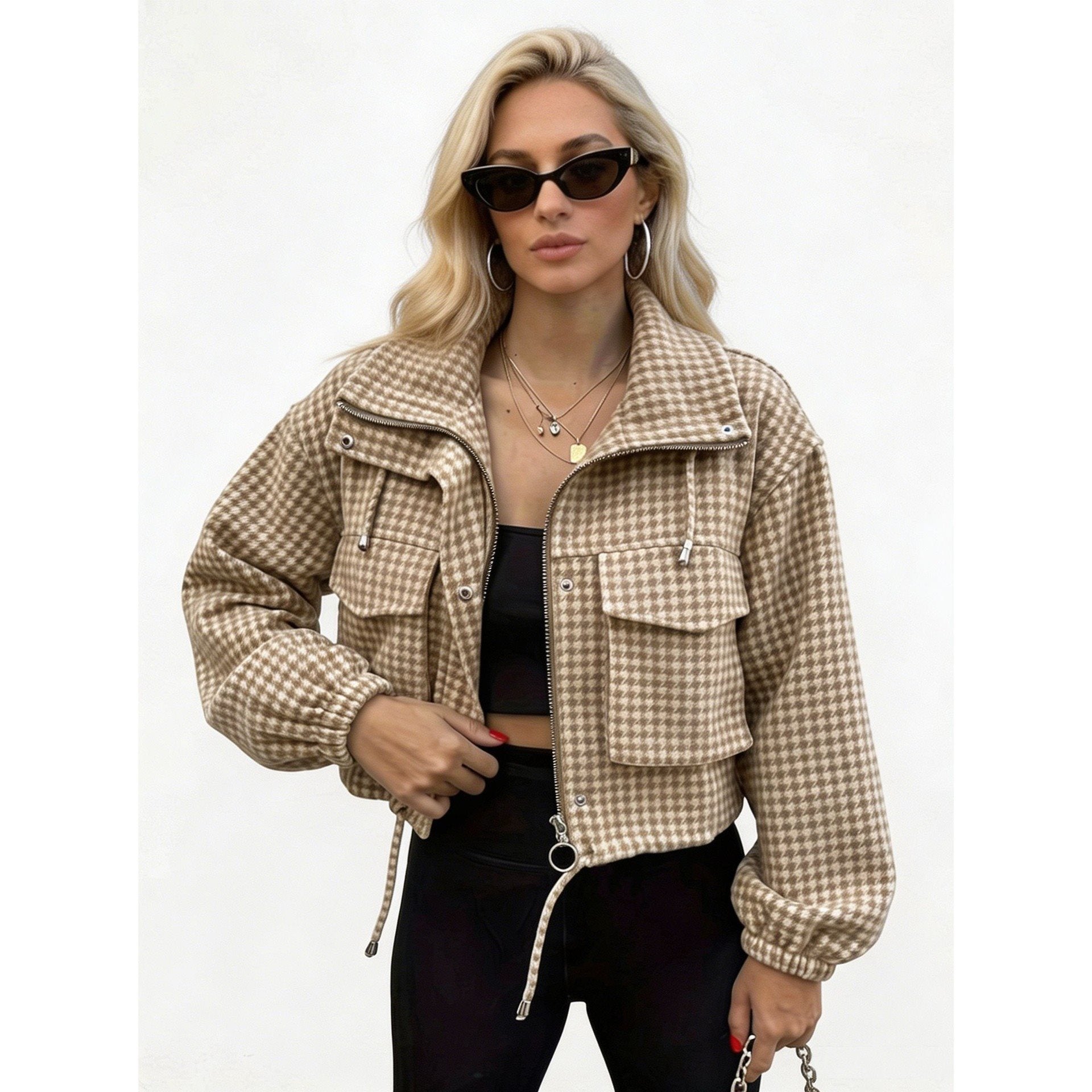 Women's Checkered Cropped Jacket with Stand Collar, Drawstring and Elastic Cuffs Chichicherry