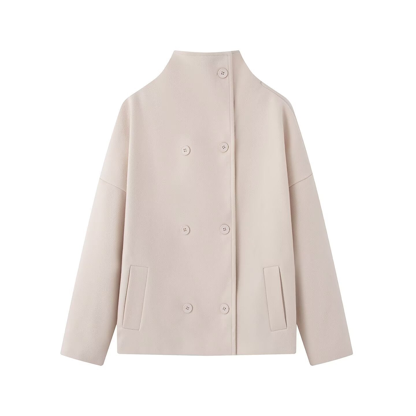 Ladies short coat made of wool blend with stand-up collar, dropped shoulder and double-breasted button placket Chichicherry