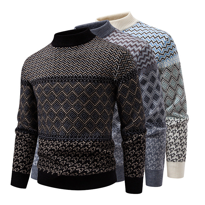 Men's fine knit mock neck sweater with geometric jacquard and ribbed finishes Chichicherry