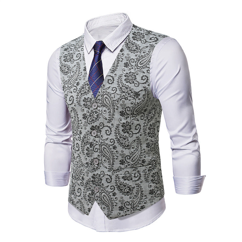 Men's Tailored Suit Vest with Paisley Jacquard and V Neck Chichicherry