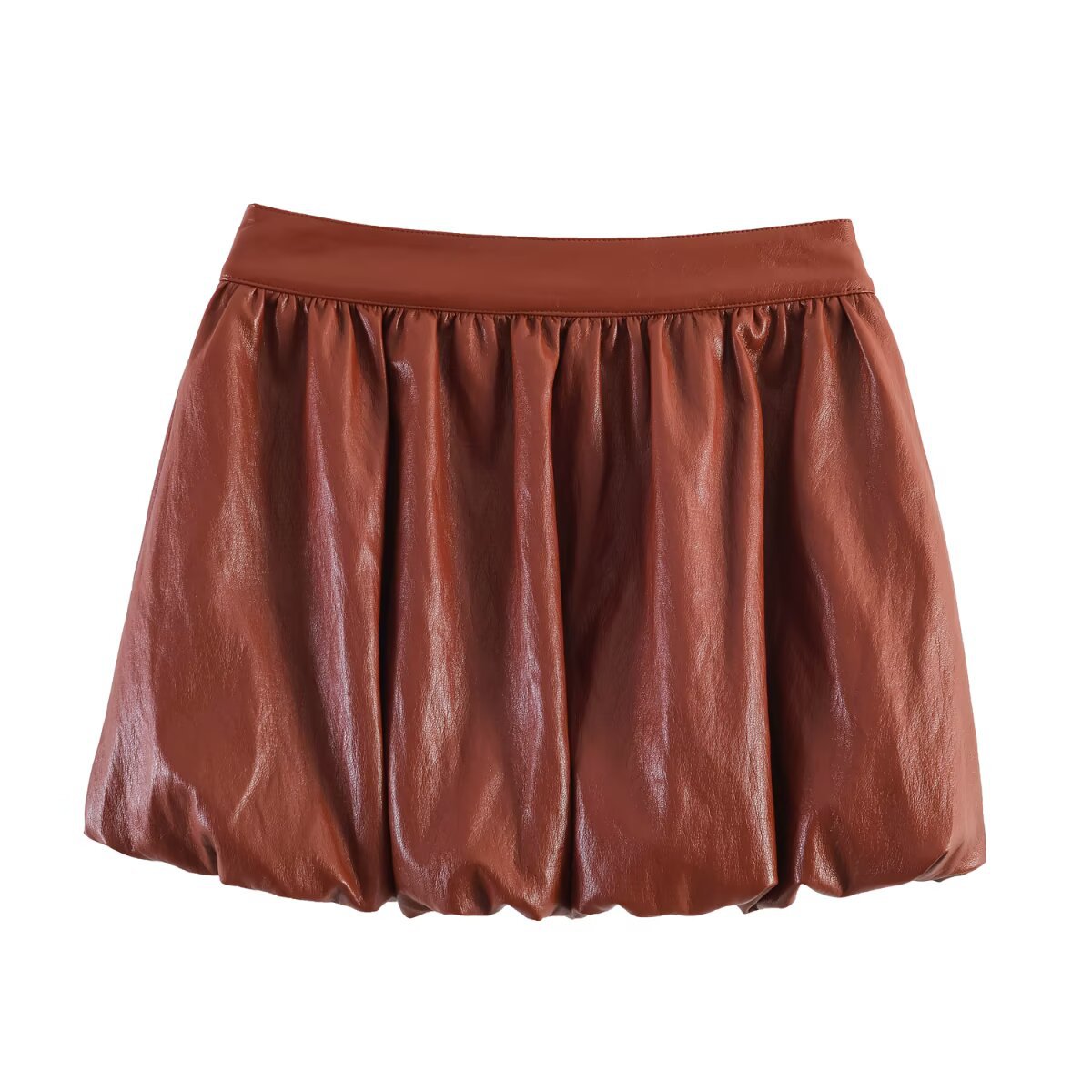 Women’s Short Balloon Skirt made of Faux Leather with High Waist and Patch Pockets Chichicherry