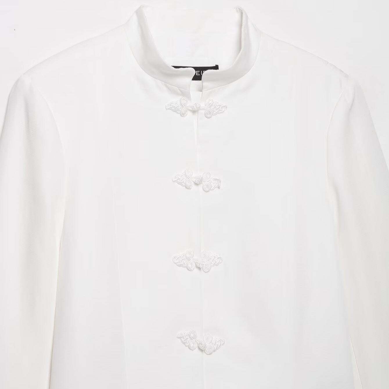 Women's Boxy Short Jacket with Stand-up Collar, Decorative Knot Closures and Welt Pockets Chichicherry
