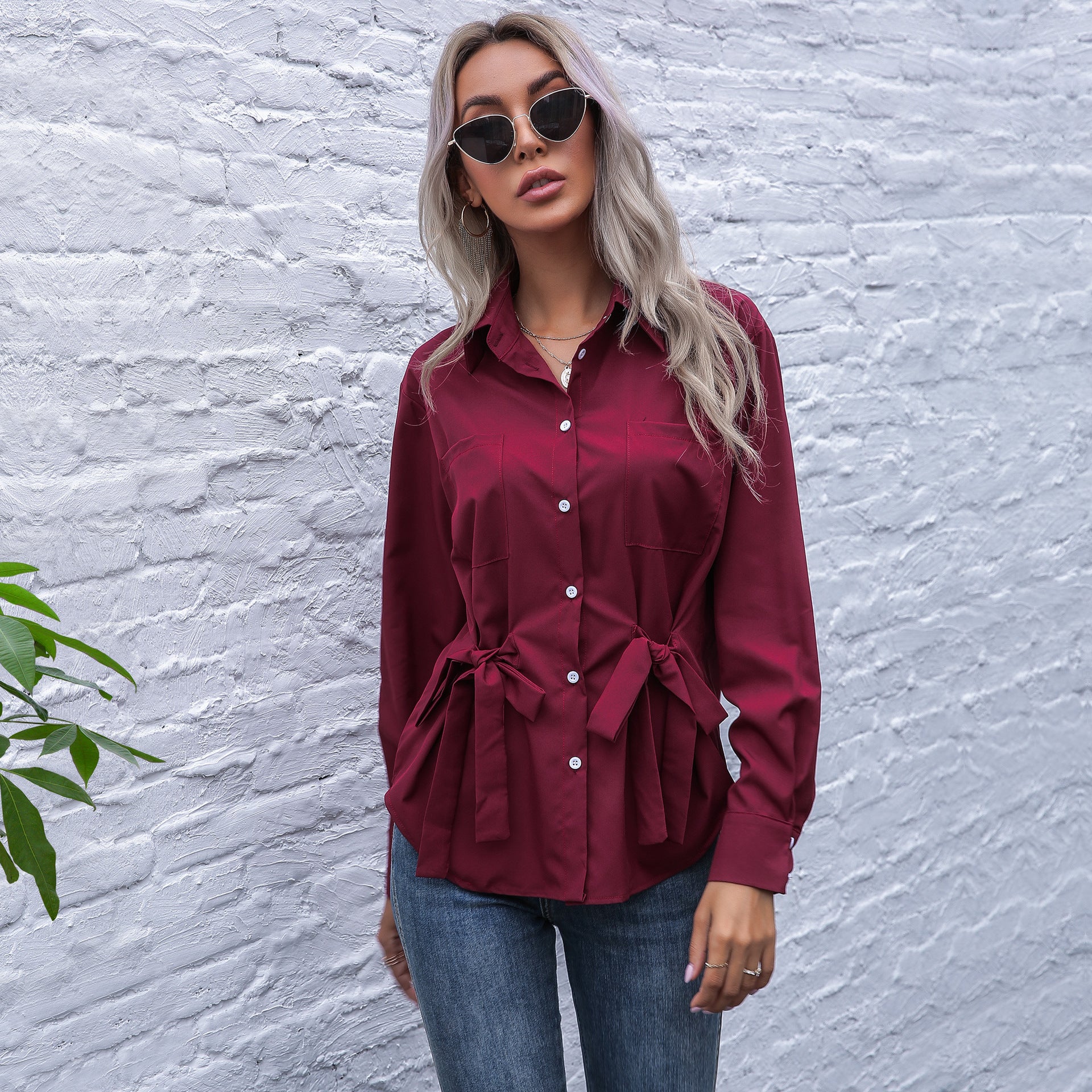 Women's Tailored Shirt Blouse with Tie Belt and Chest Pockets Chichicherry