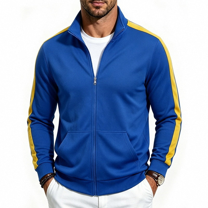 Men's Retro Track Jacket with Contrast Stripes and Stand-Up Collar Chichicherry