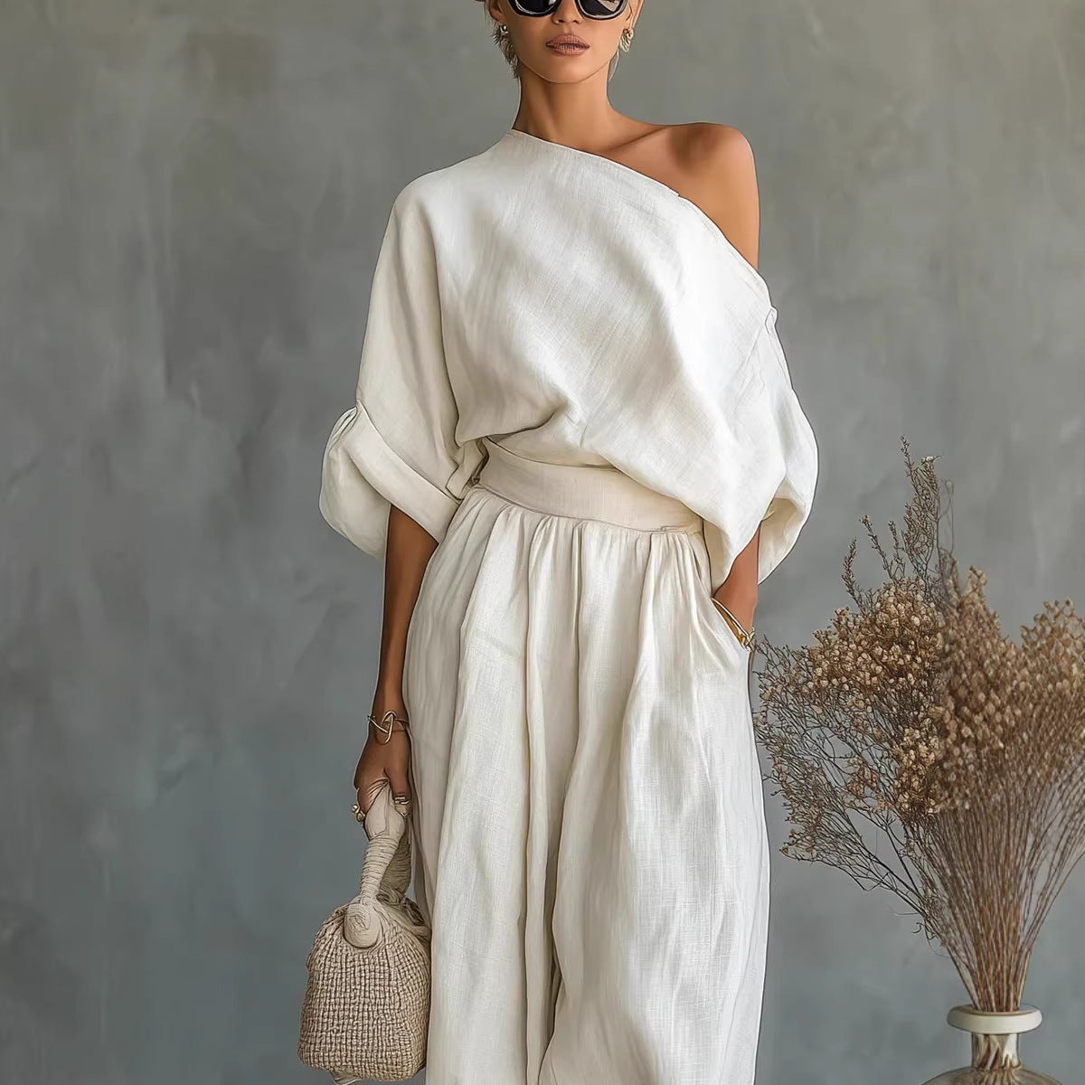 Damen Leinen-Set mit One-Shoulder-Oberteil und weiten Haremshosen Chichicherry