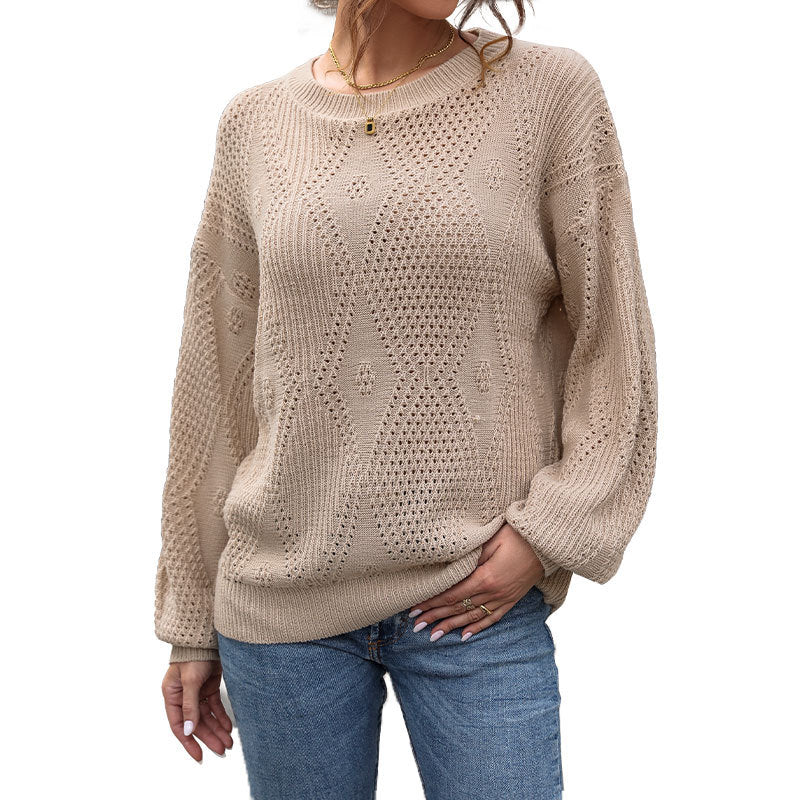Women's ajour knit pullover with diamond pattern, oversized balloon sleeves and round neckline Chichicherry