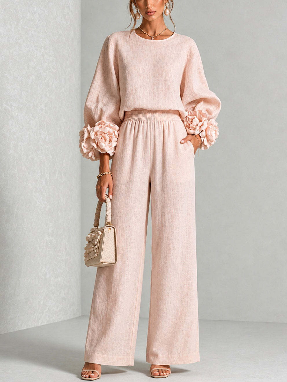 Ladies Two-Piece Ensemble with Balloon Sleeves and Floral Cuffs Chichicherry