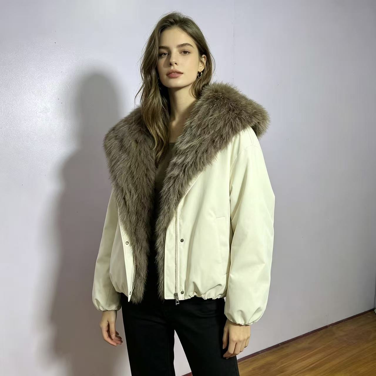 Women nan short bomber parka with oversized faux fur collar and adjustable drawstring hem Chichicherry