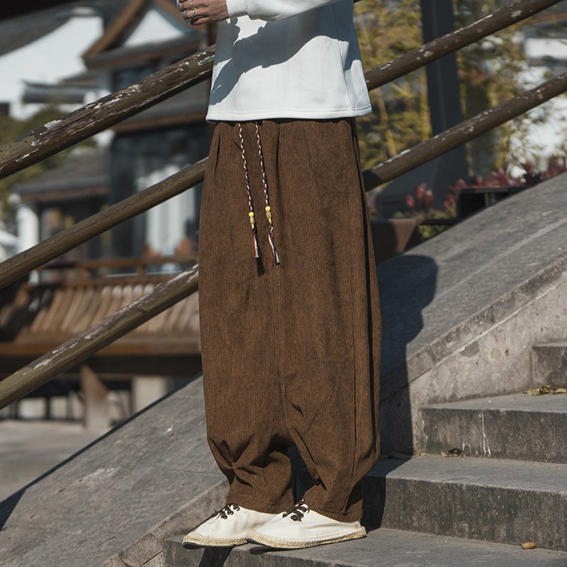 Men's Wide Cut Corduroy Trousers with Drawstring, Pleats and Relaxed Fit Chichicherry