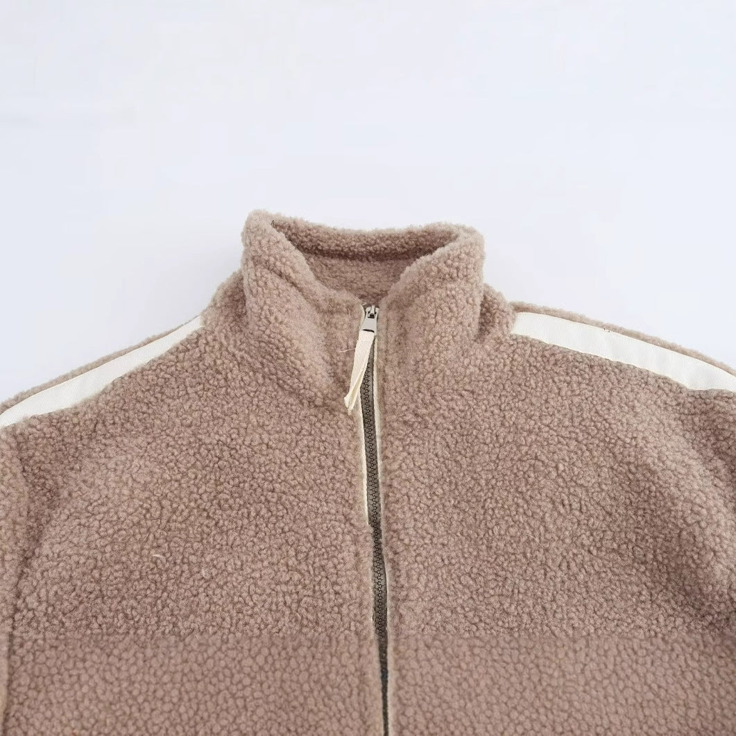 Women Teddy Fleece Jacket with Stand-Up Collar, Zipper and Contrast Stripes Chichicherry