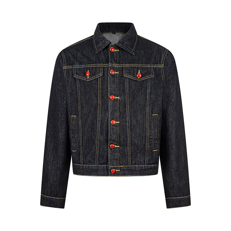 Women short-cut denim jacket in trucker style with decorative buttons Chichicherry