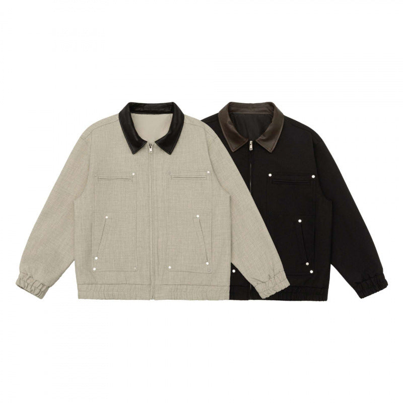 Men's short boxy jacket made of wool blend with contrasting leather collar, zipper and patch pockets Chichicherry