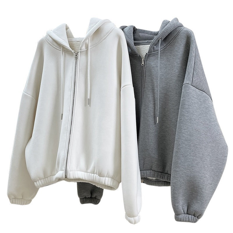 Women Oversized Hooded Zip Jacket with Teddy Lining and Elastic Hem Chichicherry