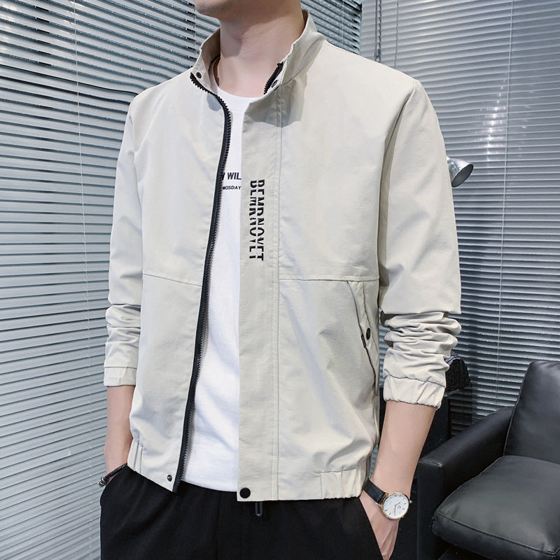 Men's Light Bomber Jacket with Stand-Up Collar, Elastic Hem and Flap Pockets Chichicherry