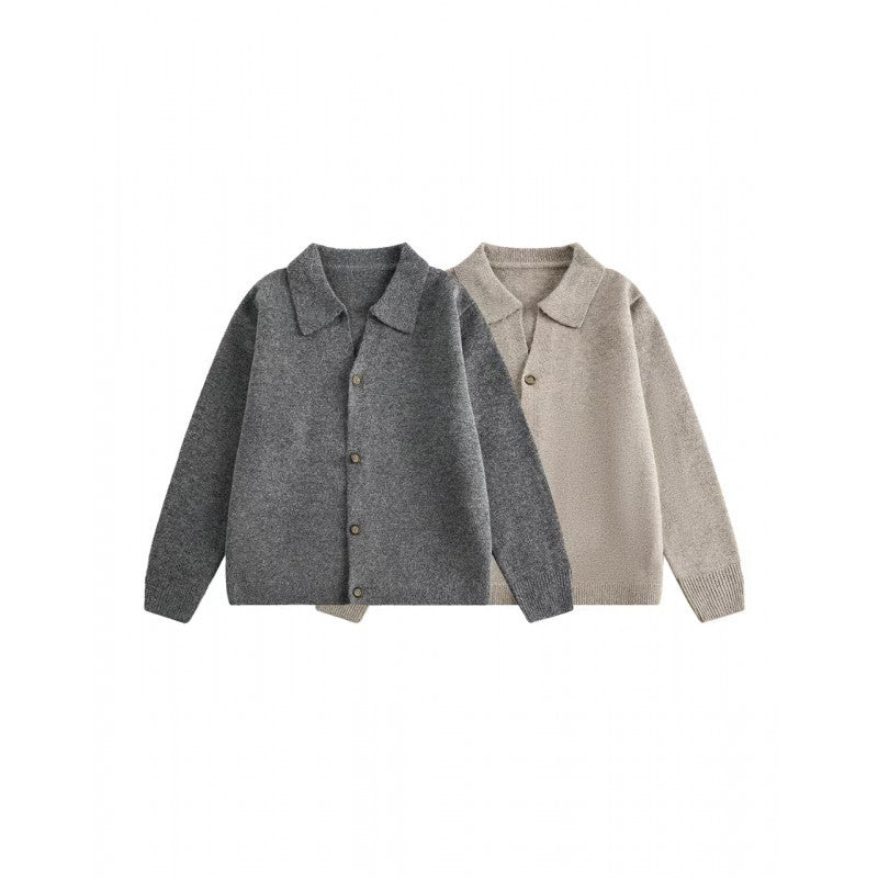 Unisex Boxy Knit Cardigan with Shirt Collar and Continuous Button Placket Chichicherry