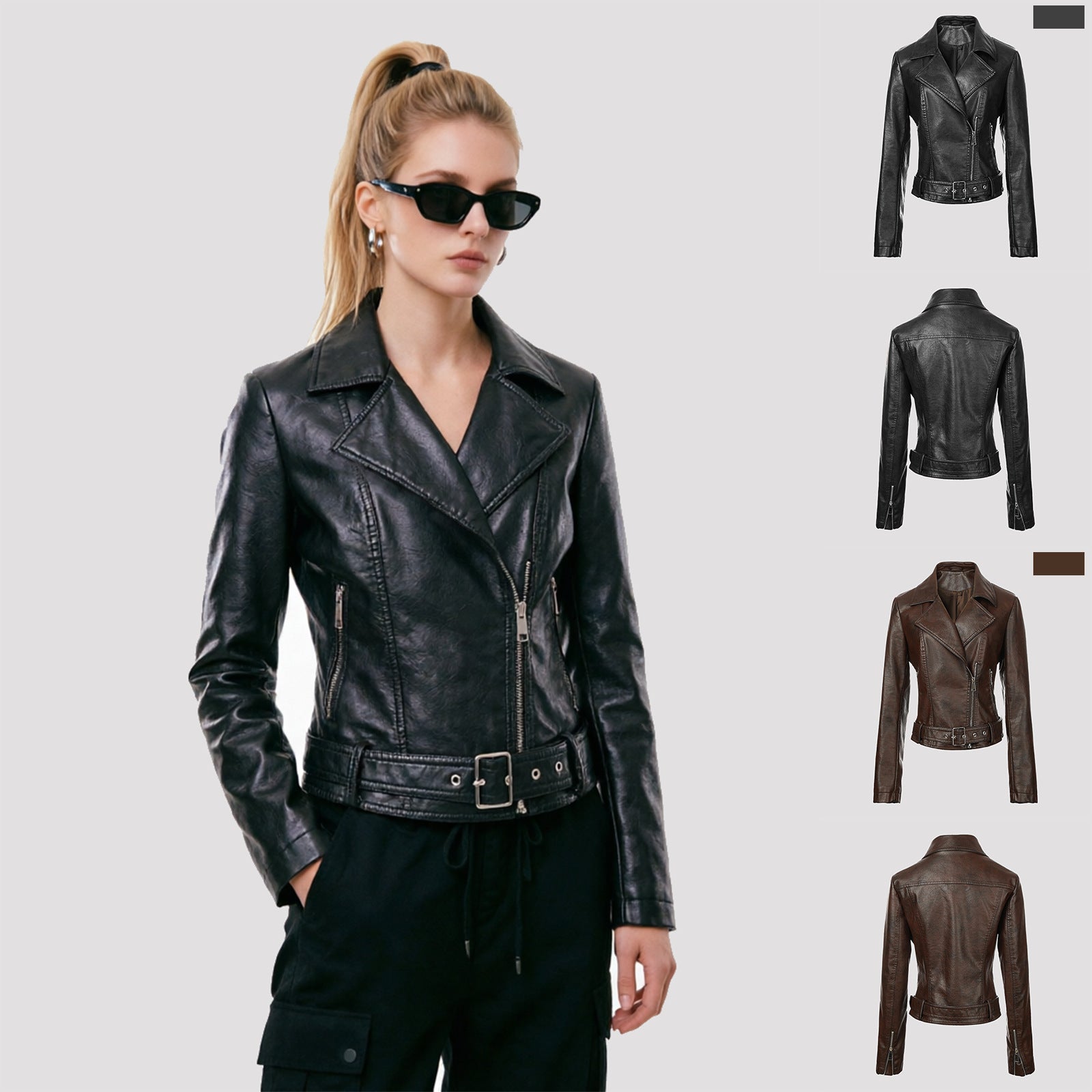 Women's short tailored leather biker jacket with waist belt and asymmetrical zipper Chichicherry