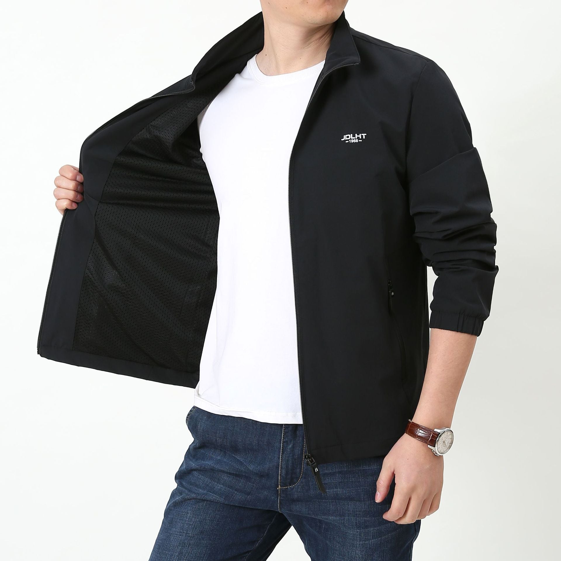 Men's Lightweight Windproof Zip-Up Blouson Jacket with Stand-Up Collar and Elastic Cuffs Chichicherry