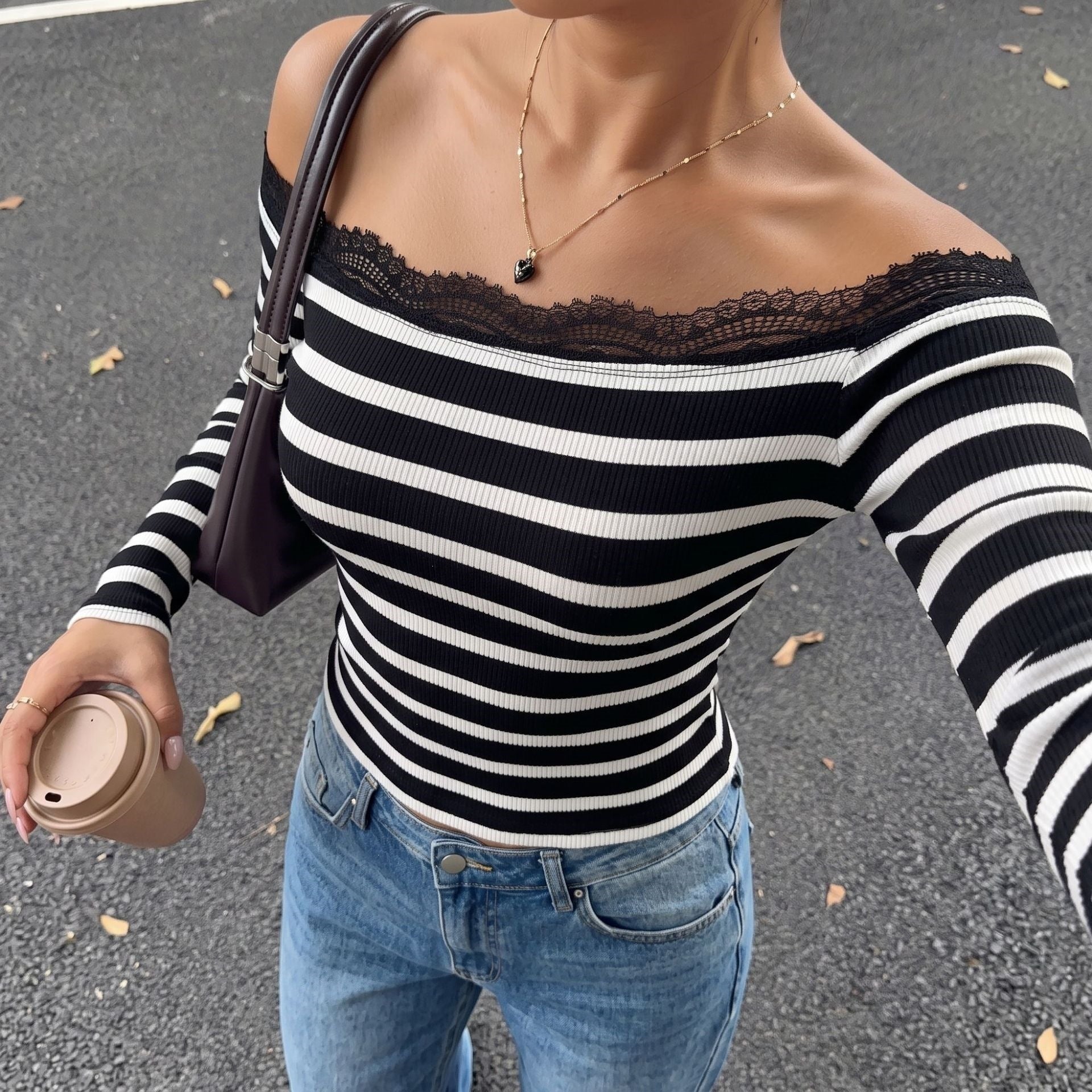 Women's Off-Shoulder Striped Ribbed Top with Lace Chichicherry