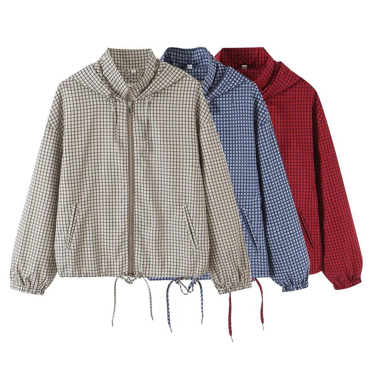 Women Lightweight Hooded Boxy Transitional Jacket with Check Grid Print, Drawstring and Elastic Cuffs Chichicherry