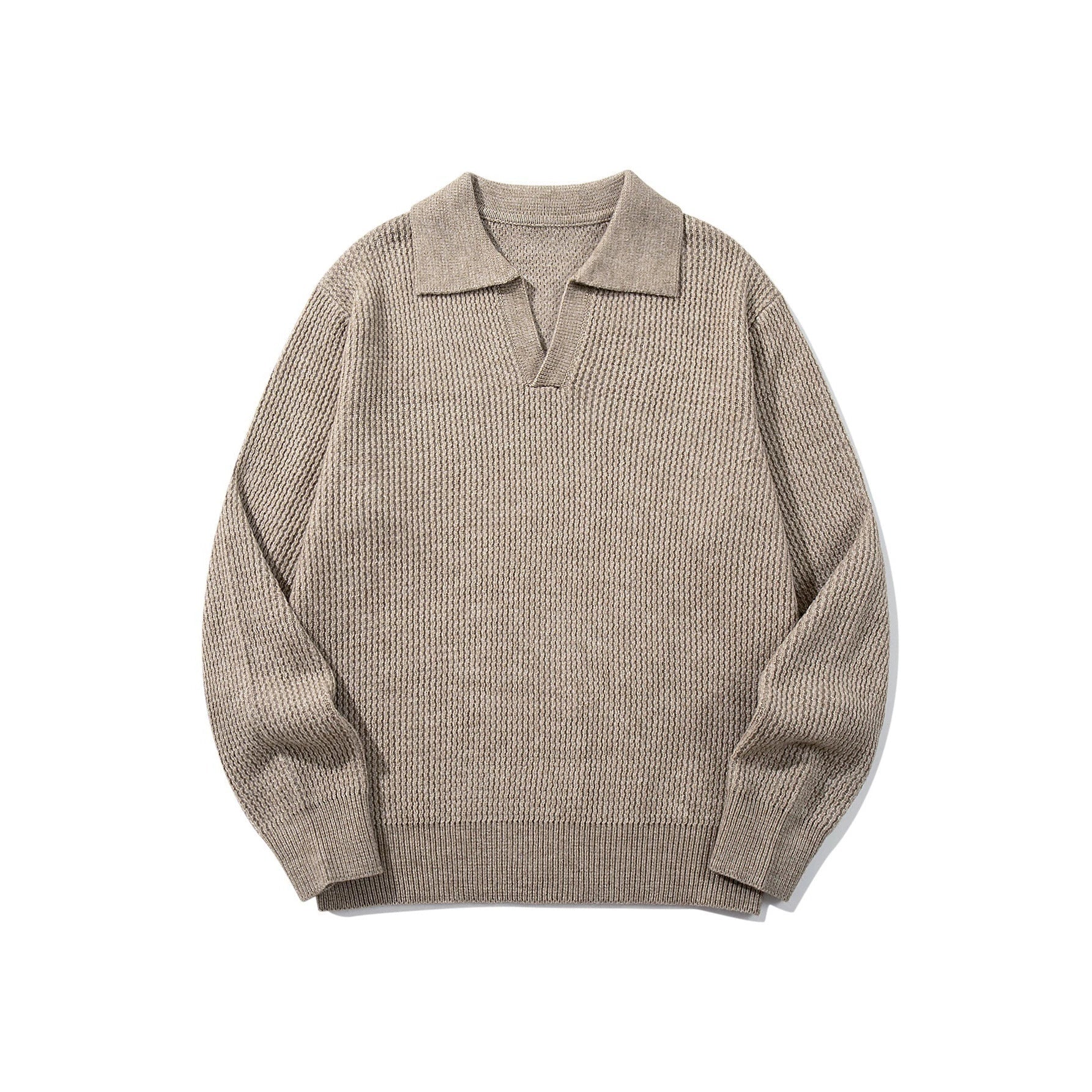 Men's Chunky Knit Polo Collar Sweater with V-Neck and Ribbed Cuffs Chichicherry