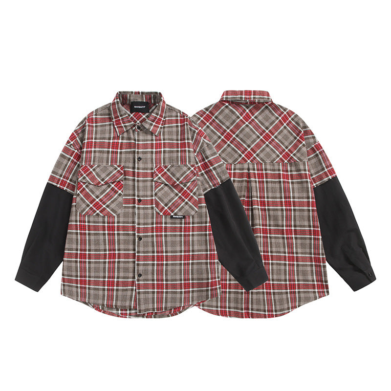 Unisex Oversized Shirt Jacket in Layering Look with Contrasting Sleeves and Breast Flap Pockets Chichicherry